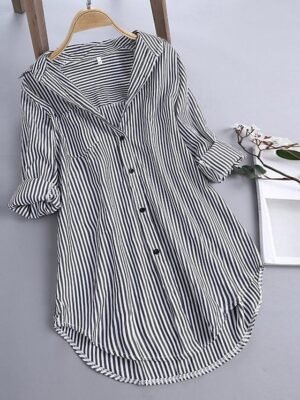 Casual Regular Fit Stripe Stand Collar Long Sleeve Shacket - Image 4