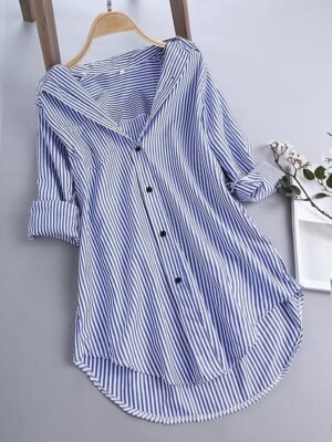 Casual Regular Fit Stripe Stand Collar Long Sleeve Shacket - Image 5