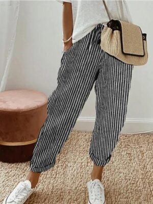 Casual Regular Fit Striped Ankle-Length Drawstring Trousers - Image 1