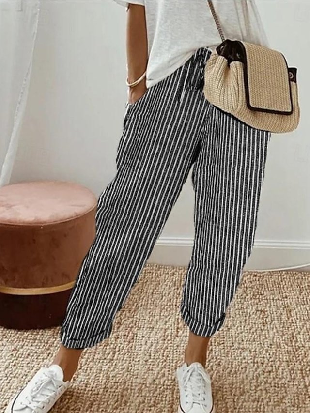 Casual Regular Fit Striped Ankle-Length Drawstring Trousers - Image 1