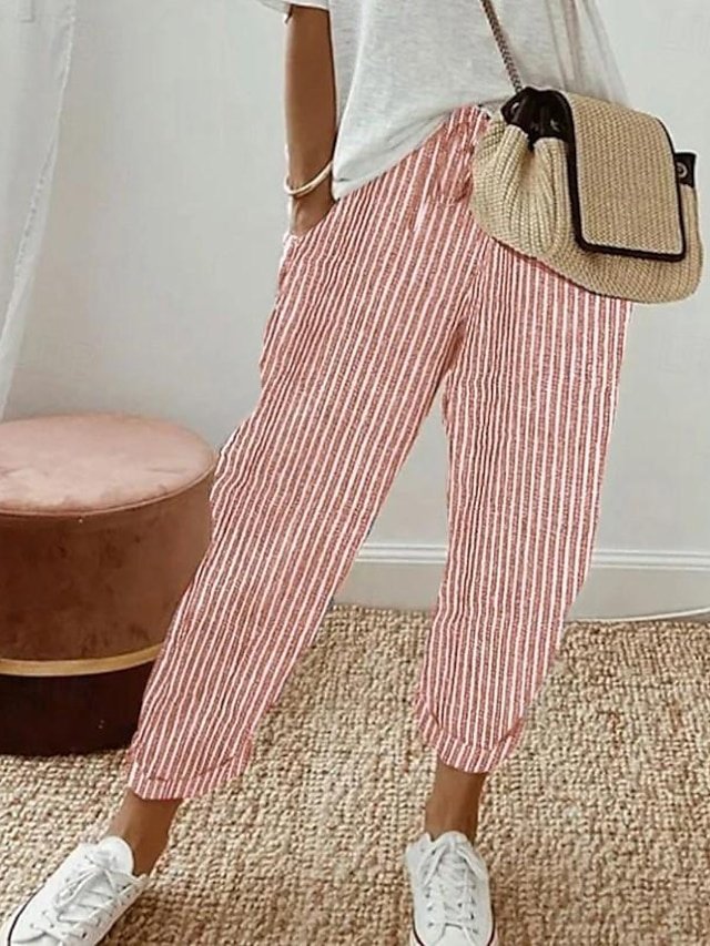 Casual Regular Fit Striped Ankle-Length Drawstring Trousers - Image 2