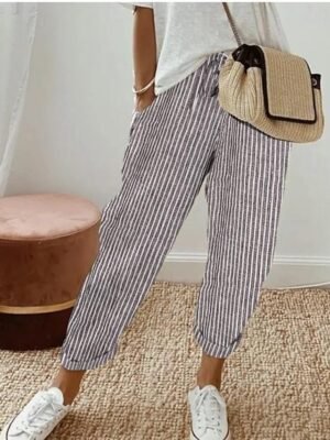 Casual Regular Fit Striped Ankle-Length Drawstring Trousers - Image 3