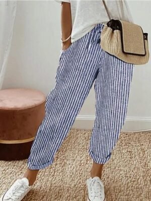 Casual Regular Fit Striped Ankle-Length Drawstring Trousers - Image 4