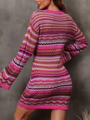 Casual Regular Fit Striped Crew Neck Long Sleeve Sweater Dress - Image 11