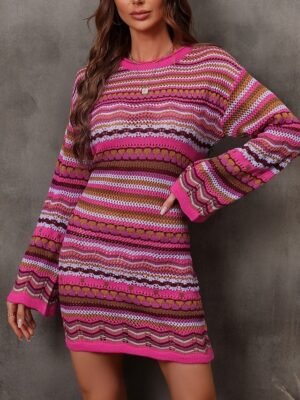 Casual Regular Fit Striped Crew Neck Long Sleeve Sweater Dress - Image 12