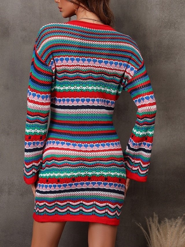 Casual Regular Fit Striped Crew Neck Long Sleeve Sweater Dress - Image 2