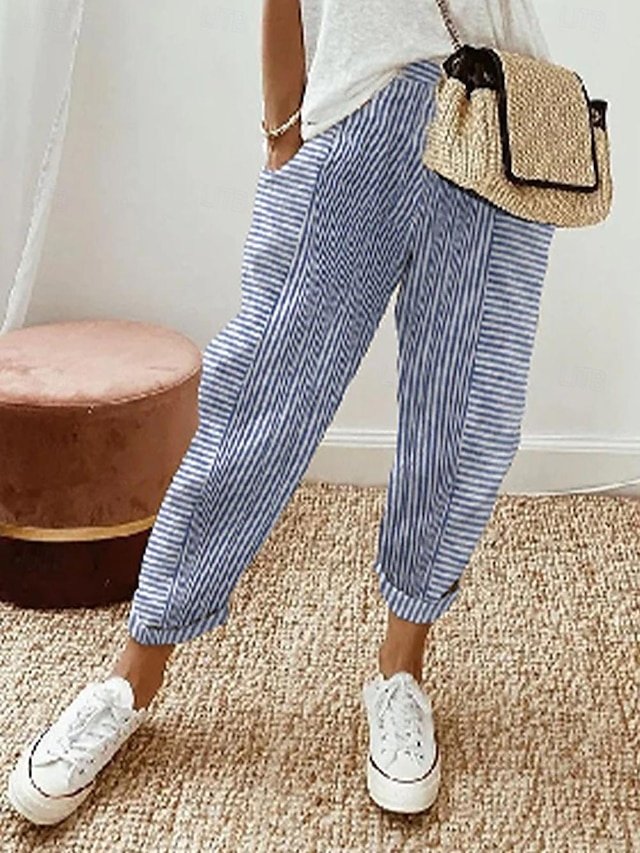 Casual Regular Fit Striped Drawstring Full Length Trousers - Image 1