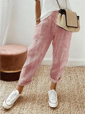 Casual Regular Fit Striped Drawstring Full Length Trousers - Image 3