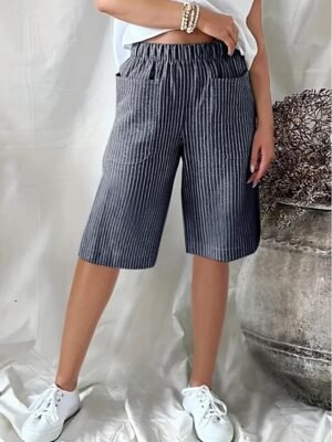 Casual Regular Fit Striped Elastic Waistband Knee Length Shorts - Image 4