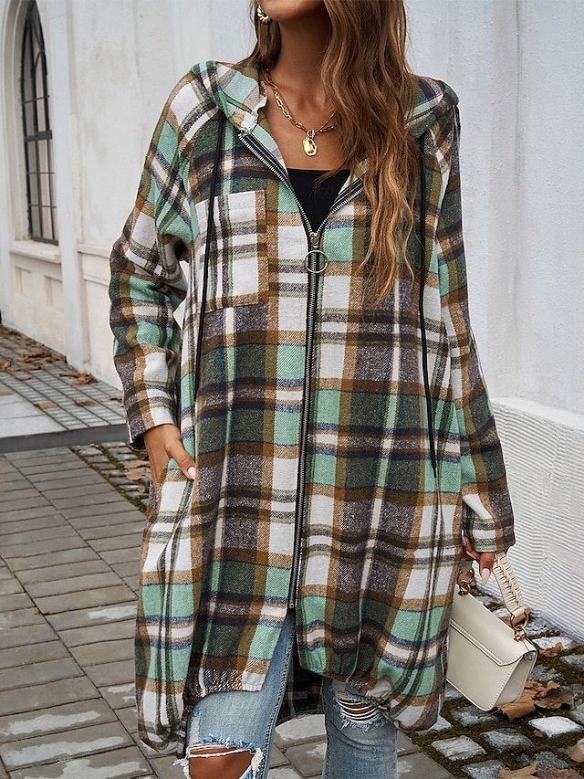 Casual Regular Fit Striped Plaid Full Zip Long Sleeve Long Jacket - Image 1