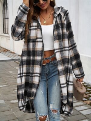 Casual Regular Fit Striped Plaid Full Zip Long Sleeve Long Jacket - Image 10