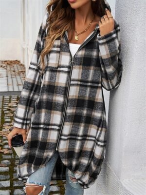 Casual Regular Fit Striped Plaid Full Zip Long Sleeve Long Jacket - Image 11