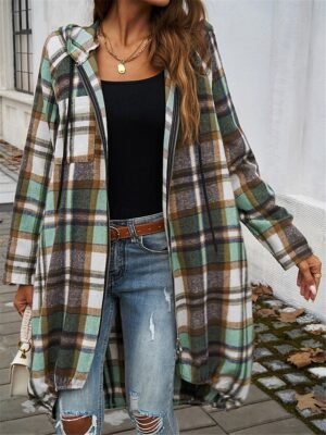 Casual Regular Fit Striped Plaid Full Zip Long Sleeve Long Jacket - Image 4