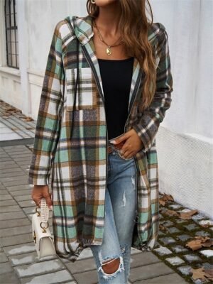 Casual Regular Fit Striped Plaid Full Zip Long Sleeve Long Jacket - Image 5