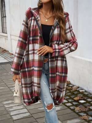 Casual Regular Fit Striped Plaid Full Zip Long Sleeve Long Jacket - Image 6