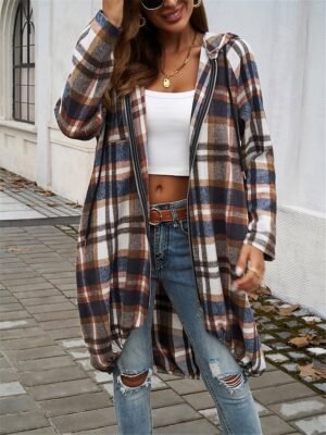 Casual Regular Fit Striped Plaid Full Zip Long Sleeve Long Jacket - Image 8