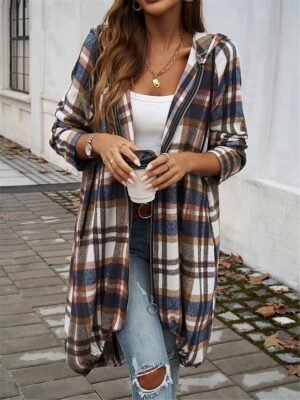 Casual Regular Fit Striped Plaid Full Zip Long Sleeve Long Jacket - Image 9