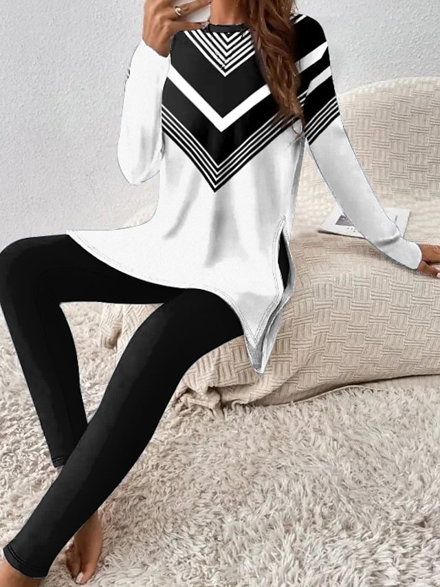 Casual Regular Fit Striped Round Neck Long Sleeve Two Piece Set - Image 1