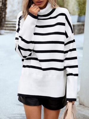 Casual Regular Fit Striped Turtleneck Long Sleeve Knit Top - Image 1