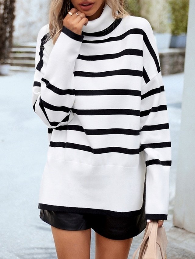 Casual Regular Fit Striped Turtleneck Long Sleeve Knit Top - Image 1