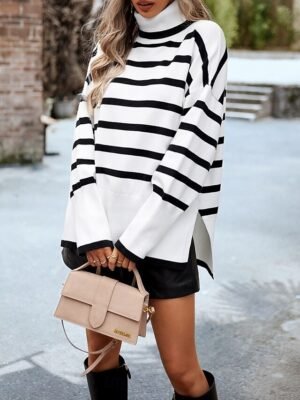 Casual Regular Fit Striped Turtleneck Long Sleeve Knit Top - Image 3