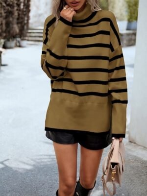 Casual Regular Fit Striped Turtleneck Long Sleeve Knit Top - Image 7