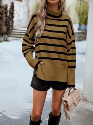 Casual Regular Fit Striped Turtleneck Long Sleeve Knit Top - Image 9
