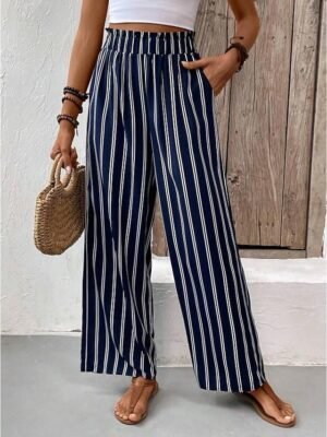 Casual Regular Fit Striped Wide Leg Long Trousers - Image 1