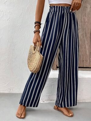 Casual Regular Fit Striped Wide Leg Long Trousers - Image 3