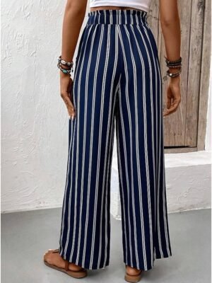 Casual Regular Fit Striped Wide Leg Long Trousers - Image 4