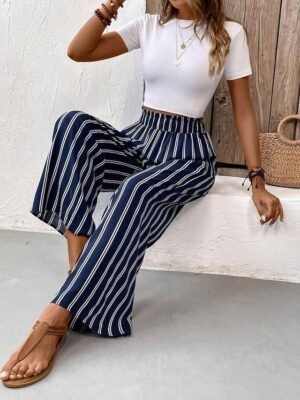 Casual Regular Fit Striped Wide Leg Long Trousers - Image 5