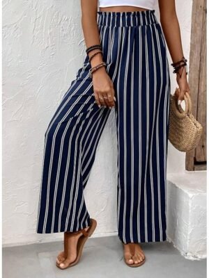 Casual Regular Fit Striped Wide Leg Long Trousers - Image 6