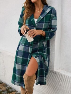 Casual Regular Fit Stripes & Plaid Long Sleeve Long Coat - Image 3