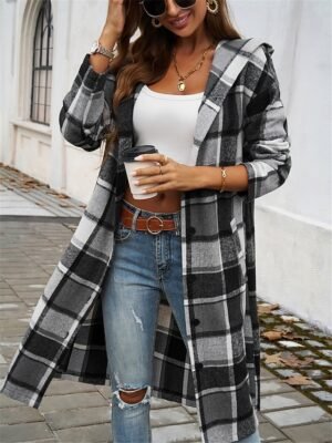 Casual Regular Fit Stripes & Plaid Long Sleeve Long Coat - Image 8