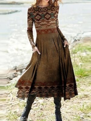 Casual Regular Fit Tie Dye Crew Neck Long Sleeve Midi Dress - Image 12