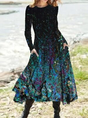 Casual Regular Fit Tie Dye Crew Neck Long Sleeve Midi Dress - Image 2