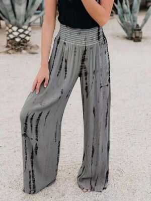 Casual Regular Fit Tie Dye Elastic Waistband Long Wide Leg Trousers - Image 1