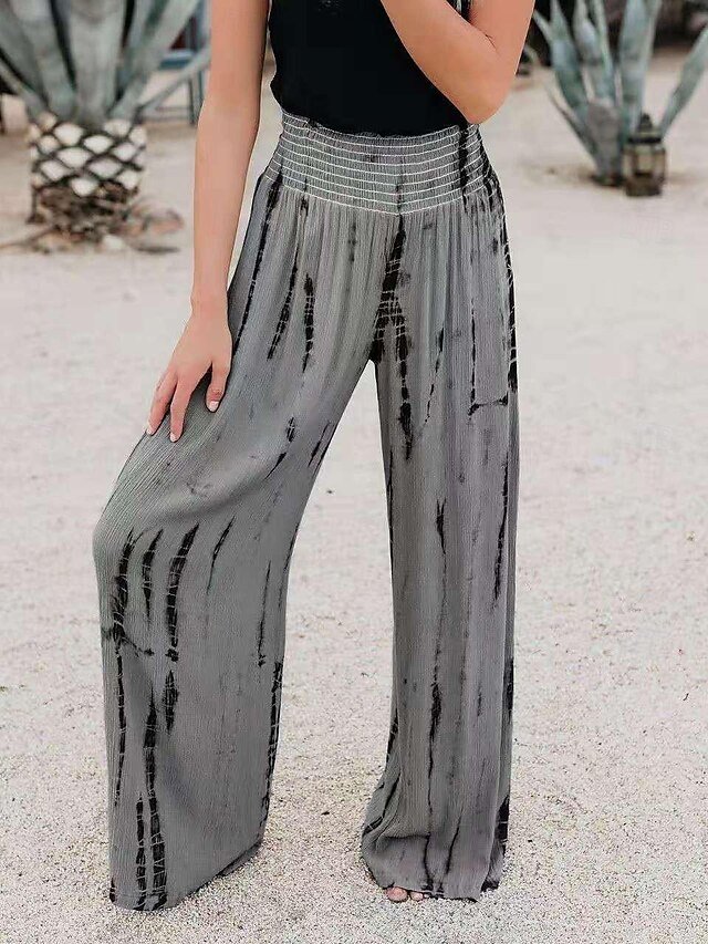 Casual Regular Fit Tie Dye Elastic Waistband Long Wide Leg Trousers - Image 1