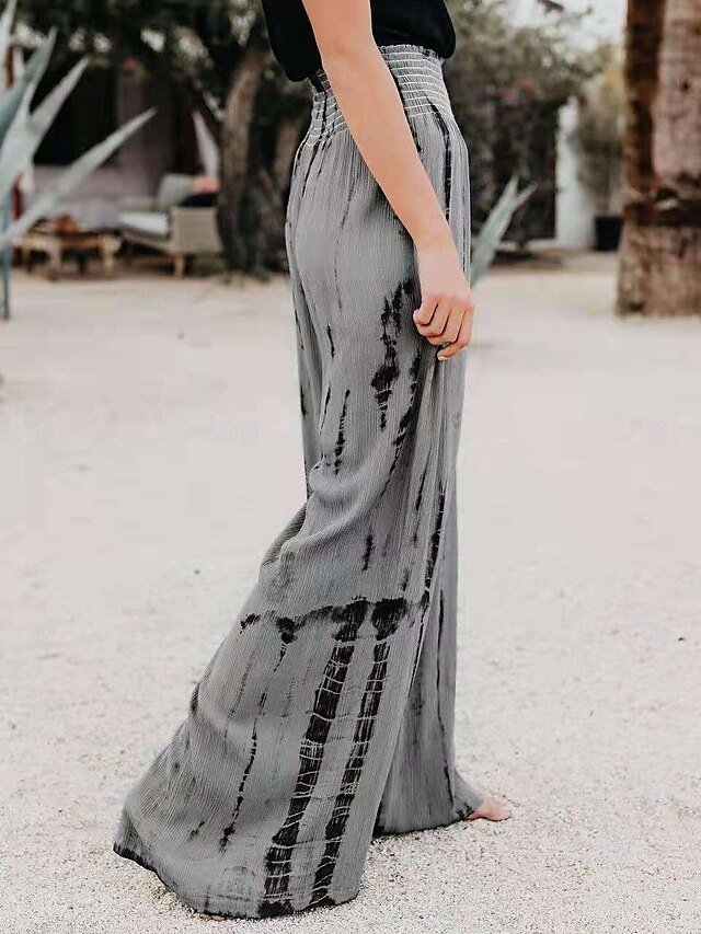 Casual Regular Fit Tie Dye Elastic Waistband Long Wide Leg Trousers - Image 2