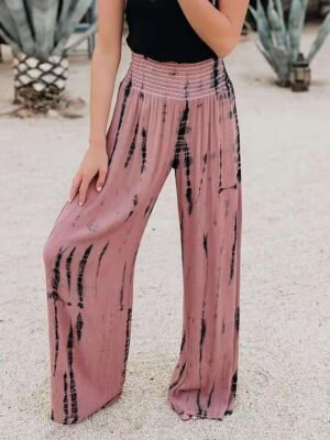 Casual Regular Fit Tie Dye Elastic Waistband Long Wide Leg Trousers - Image 3