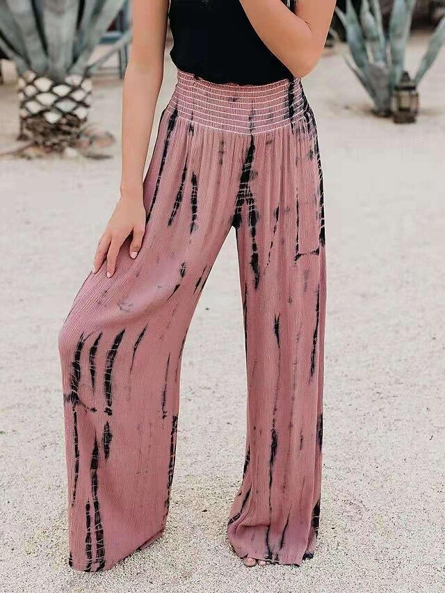 Casual Regular Fit Tie Dye Elastic Waistband Long Wide Leg Trousers - Image 3