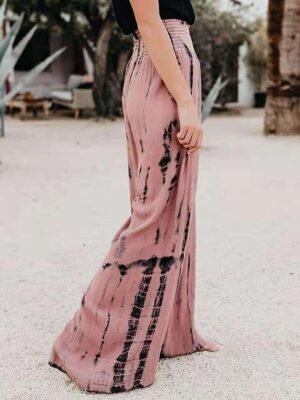 Casual Regular Fit Tie Dye Elastic Waistband Long Wide Leg Trousers - Image 4