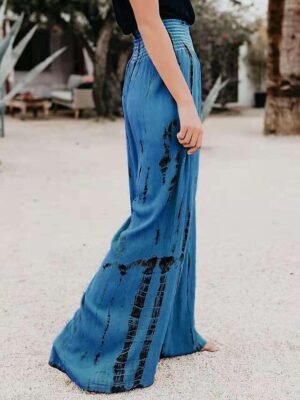 Casual Regular Fit Tie Dye Elastic Waistband Long Wide Leg Trousers - Image 6