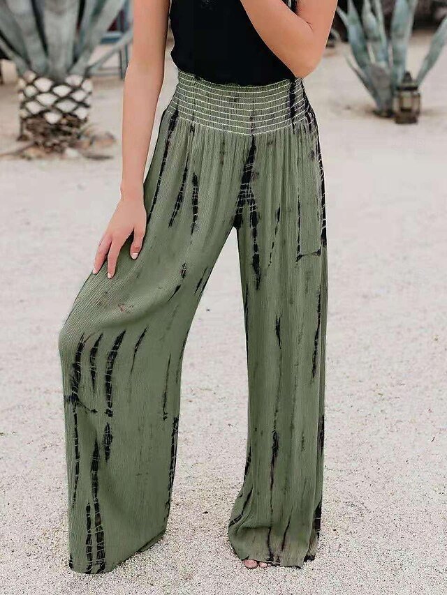 Casual Regular Fit Tie Dye Elastic Waistband Long Wide Leg Trousers - Image 7
