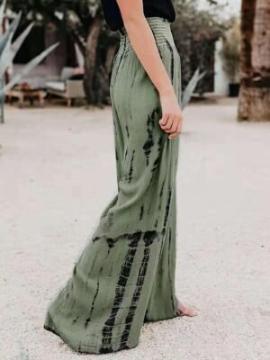 Casual Regular Fit Tie Dye Elastic Waistband Long Wide Leg Trousers - Image 8