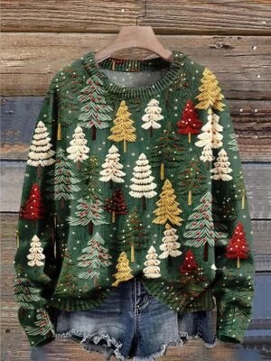 Casual Regular Fit Tree Print Crew Neck Long Sleeve Knit Top - Image 1