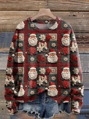 Casual Regular Fit Tree Print Crew Neck Long Sleeve Knit Top - Image 2