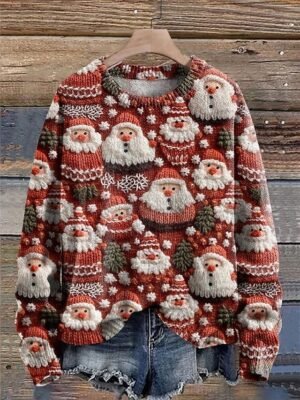 Casual Regular Fit Tree Print Crew Neck Long Sleeve Knit Top - Image 3