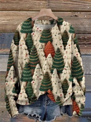 Casual Regular Fit Tree Print Crew Neck Long Sleeve Knit Top - Image 4
