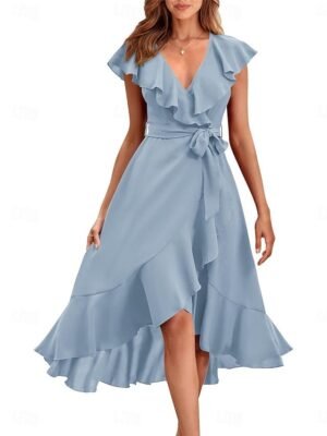 Casual Regular Fit V Neck Short Sleeve Midi Chiffon Dress - Image 1